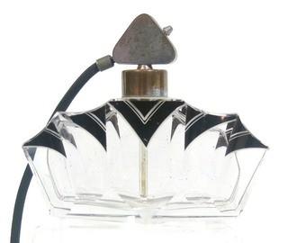 Karel Palda Bohemian Czech Art Deco Clear Cut Glass With Black Accents Perfume Bottle with Atomizer.