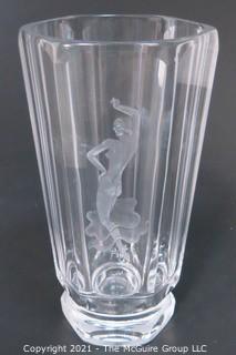 Etched Heavy Crystal Vase with Ornate Design of Dancing Woman Etched in Side. Measures approximately 10" tall.
