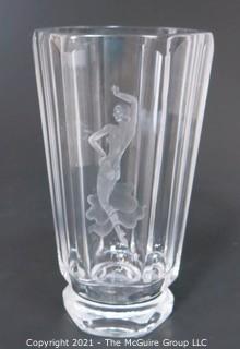 Etched Heavy Crystal Vase with Ornate Design of Dancing Woman Etched in Side. Measures approximately 10" tall.
