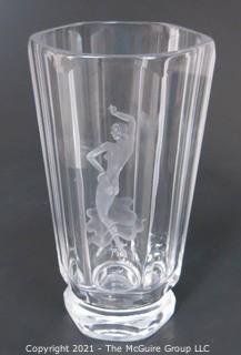 Etched Heavy Crystal Vase with Ornate Design of Dancing Woman Etched in Side. Measures approximately 10" tall.
