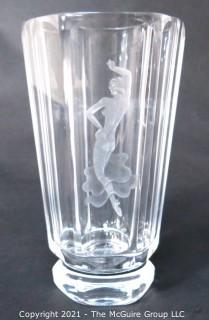 Etched Heavy Crystal Vase with Ornate Design of Dancing Woman Etched in Side. Measures approximately 10" tall.
