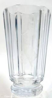 Etched Heavy Crystal Vase with Ornate Design of Dancing Woman Etched in Side. Measures approximately 10" tall.
