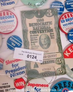 Collection of Authentic Political Buttons, Bumper Stickers and Convention Passes.