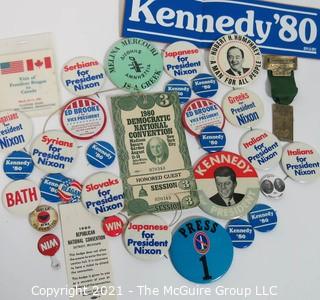 Collection of Authentic Political Buttons, Bumper Stickers and Convention Passes.