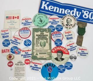 Collection of Authentic Political Buttons, Bumper Stickers and Convention Passes.