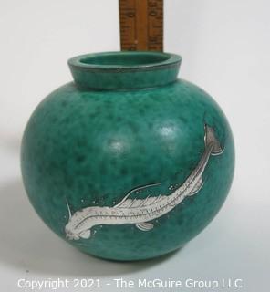 Gustavsberg Argenta Stoneware Pottery Round Vase Designed by Wilhelm Kage with Silver Fish on Jade Green Base. Measures approximately 5"T x 5 1/2"W