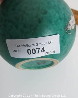 Gustavsberg Argenta Stoneware Pottery Round Vase Designed by Wilhelm Kage with Silver Fish on Jade Green Base. Measures approximately 5"T x 5 1/2"W