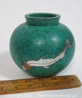 Gustavsberg Argenta Stoneware Pottery Round Vase Designed by Wilhelm Kage with Silver Fish on Jade Green Base. Measures approximately 5"T x 5 1/2"W