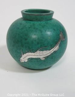 Gustavsberg Argenta Stoneware Pottery Round Vase Designed by Wilhelm Kage with Silver Fish on Jade Green Base. Measures approximately 5"T x 5 1/2"W