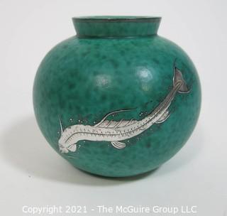 Gustavsberg Argenta Stoneware Pottery Round Vase Designed by Wilhelm Kage with Silver Fish on Jade Green Base. Measures approximately 5"T x 5 1/2"W