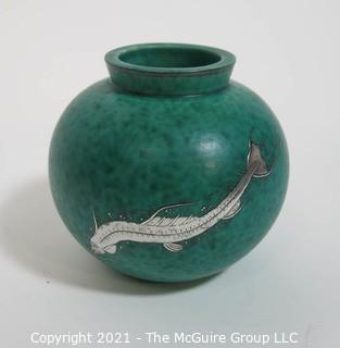 Gustavsberg Argenta Stoneware Pottery Round Vase Designed by Wilhelm Kage with Silver Fish on Jade Green Base. Measures approximately 5"T x 5 1/2"W