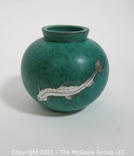 Gustavsberg Argenta Stoneware Pottery Round Vase Designed by Wilhelm Kage with Silver Fish on Jade Green Base. Measures approximately 5"T x 5 1/2"W