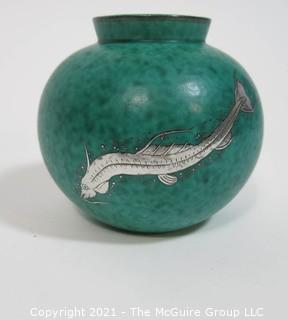 Gustavsberg Argenta Stoneware Pottery Round Vase Designed by Wilhelm Kage with Silver Fish on Jade Green Base. Measures approximately 5"T x 5 1/2"W