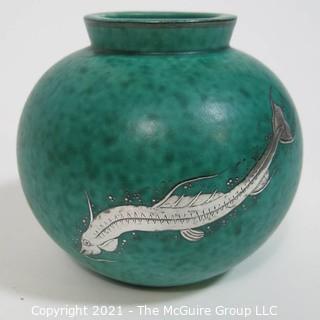 Gustavsberg Argenta Stoneware Pottery Round Vase Designed by Wilhelm Kage with Silver Fish on Jade Green Base. Measures approximately 5"T x 5 1/2"W