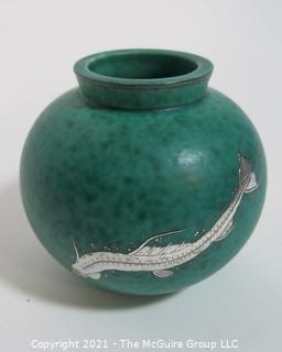 Gustavsberg Argenta Stoneware Pottery Round Vase Designed by Wilhelm Kage with Silver Fish on Jade Green Base. Measures approximately 5"T x 5 1/2"W