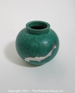 Gustavsberg Argenta Stoneware Pottery Round Vase Designed by Wilhelm Kage with Silver Fish on Jade Green Base. Measures approximately 5"T x 5 1/2"W