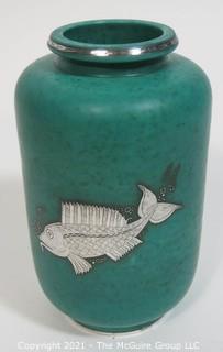 Gustavsberg Argenta Stoneware Pottery Vase Designed by Wilhelm Kage with Silver Fish on Jade Green Base. Measures approximately 8 1/2" tall.