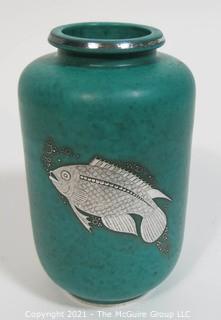 Gustavsberg Argenta Stoneware Pottery Vase Designed by Wilhelm Kage with Silver Fish on Jade Green Base. Measures approximately 8 1/2" tall.