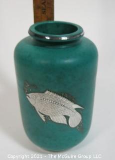 Gustavsberg Argenta Stoneware Pottery Vase Designed by Wilhelm Kage with Silver Fish on Jade Green Base. Measures approximately 8 1/2" tall.