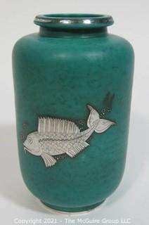 Gustavsberg Argenta Stoneware Pottery Vase Designed by Wilhelm Kage with Silver Fish on Jade Green Base. Measures approximately 8 1/2" tall.