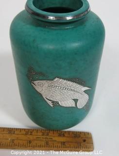 Gustavsberg Argenta Stoneware Pottery Vase Designed by Wilhelm Kage with Silver Fish on Jade Green Base. Measures approximately 8 1/2" tall.