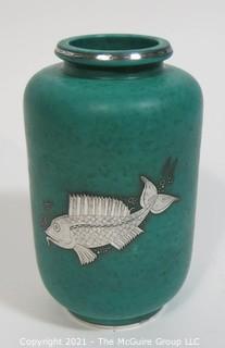 Gustavsberg Argenta Stoneware Pottery Vase Designed by Wilhelm Kage with Silver Fish on Jade Green Base. Measures approximately 8 1/2" tall.