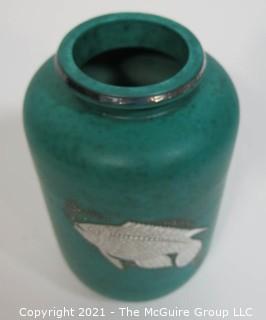 Gustavsberg Argenta Stoneware Pottery Vase Designed by Wilhelm Kage with Silver Fish on Jade Green Base. Measures approximately 8 1/2" tall.