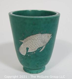 Gustavsberg Argenta Stoneware Pottery Vase or Cup Designed by Wilhelm Kage with Silver Fish on Jade Green Base. Measures approximately 5" tall
