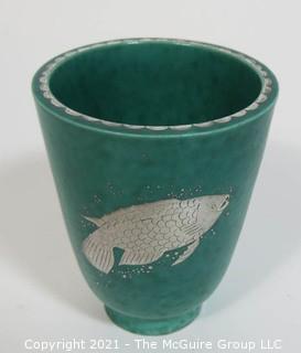 Gustavsberg Argenta Stoneware Pottery Vase or Cup Designed by Wilhelm Kage with Silver Fish on Jade Green Base. Measures approximately 5" tall
