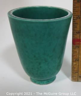 Gustavsberg Argenta Stoneware Pottery Vase or Cup Designed by Wilhelm Kage with Silver Fish on Jade Green Base. Measures approximately 5" tall
