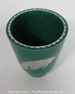 Gustavsberg Argenta Stoneware Pottery Vase or Cup Designed by Wilhelm Kage with Silver Fish on Jade Green Base. Measures approximately 5" tall
