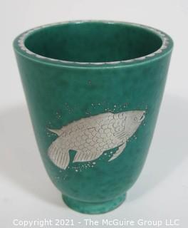 Gustavsberg Argenta Stoneware Pottery Vase or Cup Designed by Wilhelm Kage with Silver Fish on Jade Green Base. Measures approximately 5" tall
