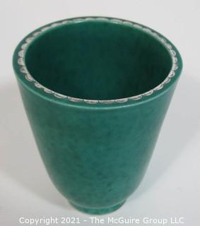 Gustavsberg Argenta Stoneware Pottery Vase or Cup Designed by Wilhelm Kage with Silver Fish on Jade Green Base. Measures approximately 5" tall
