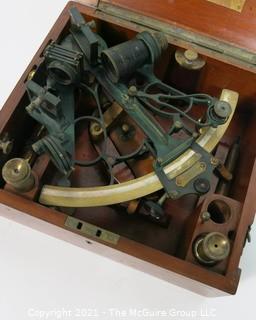 Antique "Bell" Pattern Mark III Sextant Nautical Instrument in Wood Case with Lens and Brass Plaque Inscribed C H Rowley. Sextant Marked "Hezzanith" Endless Tangent Screw Automatic Clamp