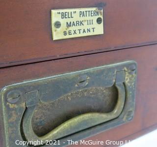 Antique "Bell" Pattern Mark III Sextant Nautical Instrument in Wood Case with Lens and Brass Plaque Inscribed C H Rowley. Sextant Marked "Hezzanith" Endless Tangent Screw Automatic Clamp