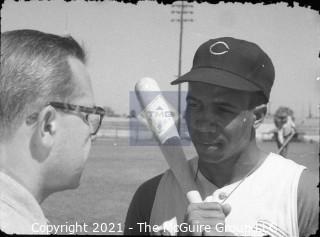 Baseball History: Lot includes 13 individual 35mm B&W negatives of Clifford Evans with several major league players including: H. Aaron, S. Musial, T. Kluszewski, F. Robinson, Bobby Bragan; Harvey Kuenn, Bobby Schantz; Fred Hutchinson; Brooks Lawrence and Al Cicotte. Also promotional flyer for Clifford Evans interviews with baseball players and a 1984 Baseball ID card.