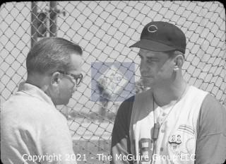 Baseball History: Lot includes 13 individual 35mm B&W negatives of Clifford Evans with several major league players including: H. Aaron, S. Musial, T. Kluszewski, F. Robinson, Bobby Bragan; Harvey Kuenn, Bobby Schantz; Fred Hutchinson; Brooks Lawrence and Al Cicotte. Also promotional flyer for Clifford Evans interviews with baseball players and a 1984 Baseball ID card.