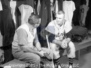 Baseball History: Lot includes 13 individual 35mm B&W negatives of Clifford Evans with several major league players including: H. Aaron, S. Musial, T. Kluszewski, F. Robinson, Bobby Bragan; Harvey Kuenn, Bobby Schantz; Fred Hutchinson; Brooks Lawrence and Al Cicotte. Also promotional flyer for Clifford Evans interviews with baseball players and a 1984 Baseball ID card.