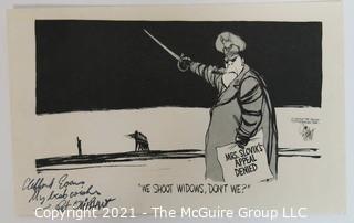 Political Cartoon by Pat Oliphant Featuring the Execution of Eddie Slovik .  Signed by artist and dedicated to Clifford Evans.  Measures approximately 5.5" x 8.5" and dated 8-17-77.