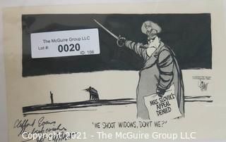 Political Cartoon by Pat Oliphant Featuring the Execution of Eddie Slovik .  Signed by artist and dedicated to Clifford Evans.  Measures approximately 5.5" x 8.5" and dated 8-17-77.