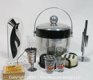 Collection of bar supplies: Ice Bucket; glasses; jigger; coasters; etc