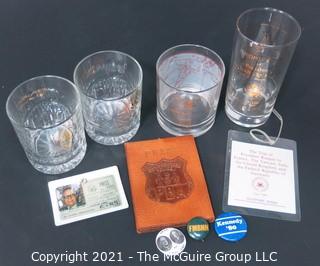 Nixon and Reagan Era Political Memorabilia including glassware and "FMBNH" (For McGovern Before New Hampshire) Pin