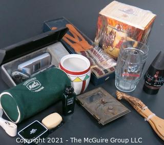 Eclectic Lot: Czech Pottery Jar Marked Celebrate (missing Lid), Hermes Travel Kit, Suspenders, Inert Artillery Fuse, Salad Forks, Brass Mailbox Door,  etc 