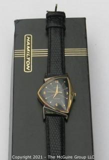 Hamilton electric "Ventura" watch, gold-toned w/leather strap (untested) re-photo