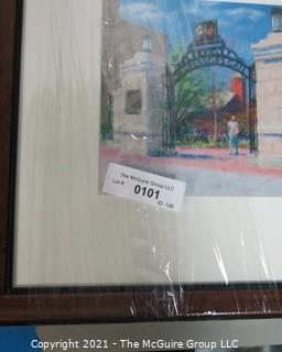 Framed Under Glass Pastel on Paper Drawing of the George Washington University "Professor's Gate".  The Gate is a main gathering place on campus near Kogan Plaza. Measures approximately 17" x 15" in frame.
