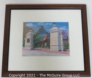 Framed Under Glass Pastel on Paper Drawing of the George Washington University "Professor's Gate".  The Gate is a main gathering place on campus near Kogan Plaza. Measures approximately 17" x 15" in frame.
