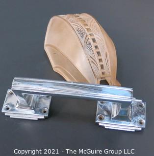 Heavy Chrome Door Pull & Pressed Glass Deco Sconce Fixture Shade.