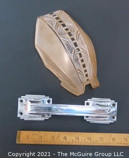 Heavy Chrome Door Pull & Pressed Glass Deco Sconce Fixture Shade.