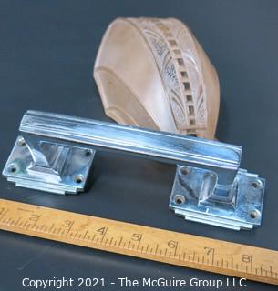 Heavy Chrome Door Pull & Pressed Glass Deco Sconce Fixture Shade.