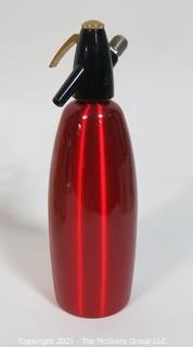 Vintage Red Brushed Aluminum ISI Austria Classic Soda Siphon Bar Seltzer Bottle.